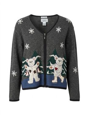 Christopher & Banks Embroidered Gray Teddy Bear Zip-Front Jacket